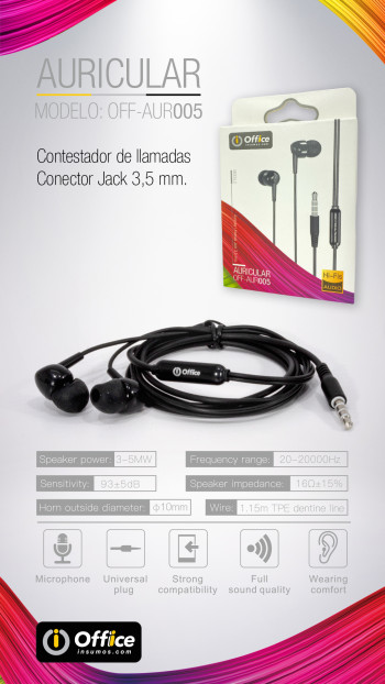 AURICULAR IN EAR PLUG 3.5 OFF-AUR005 NEGRO MANOS LIBRES OFFICE