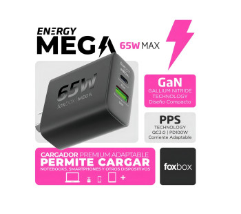 CARGADOR FOXBOX ENERGY MEGA 65W MAX CON CABLE